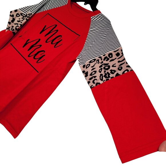 Women's Ma Ma Print Long-Sleeve Raglan Top Red Leopard & Stripes Size Medium - Picture 5 of 8